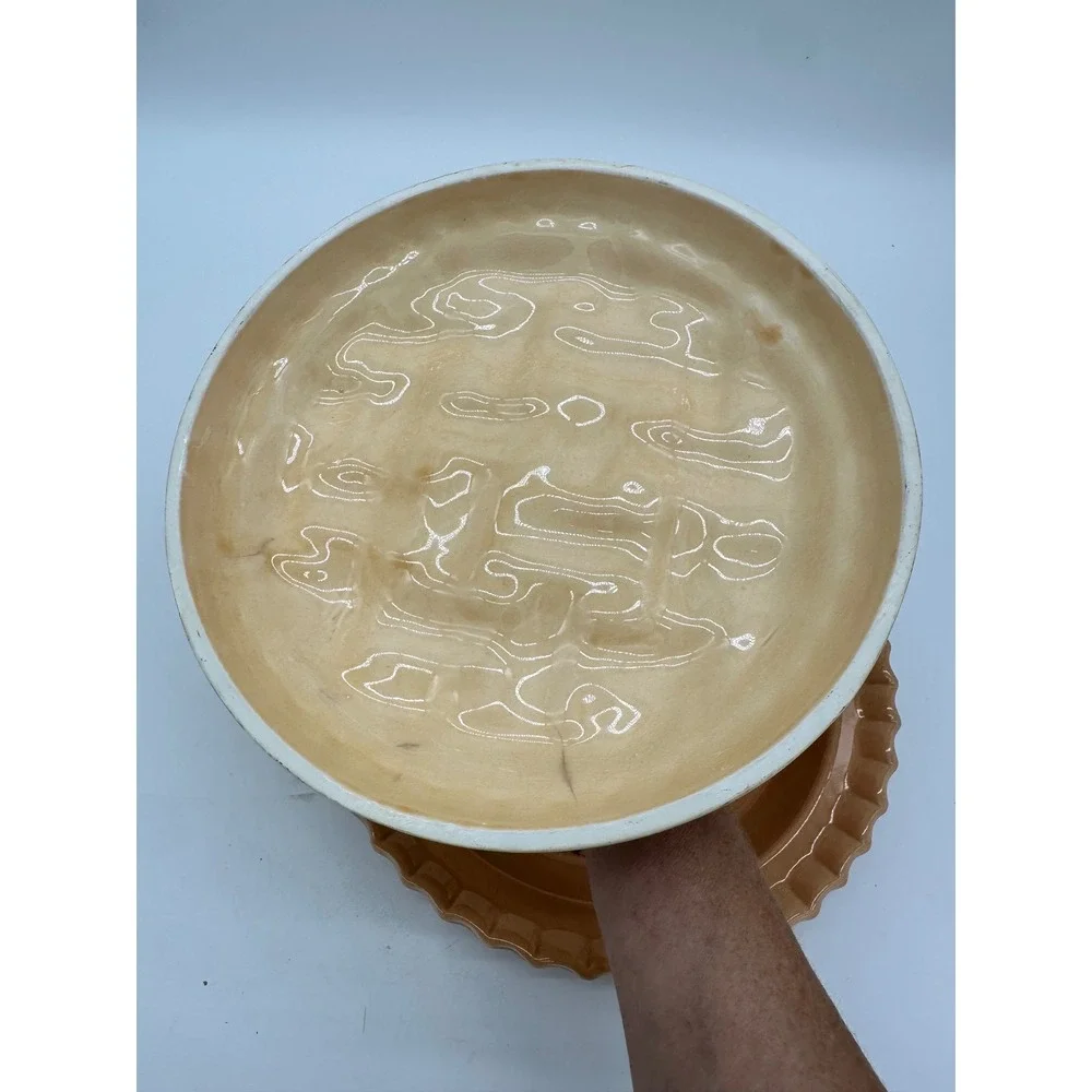 Betty Crocker Blueberry Pie Keeper Ceramic Lidded Dish Vintage Tan Blue 10.5in
